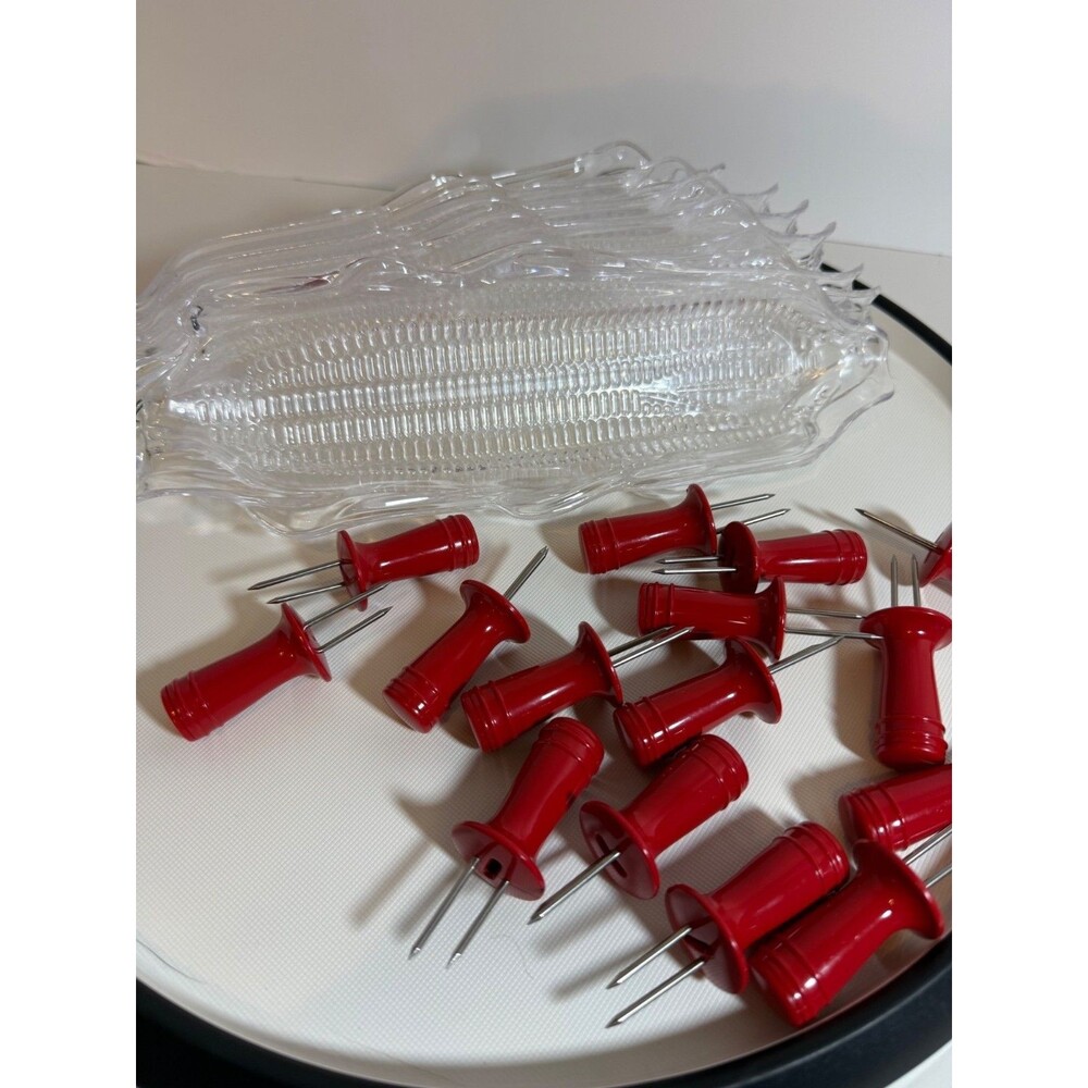 Vintage Corn On The Cob Plastic Dishware Set With 7 Red Corn Holders Durable